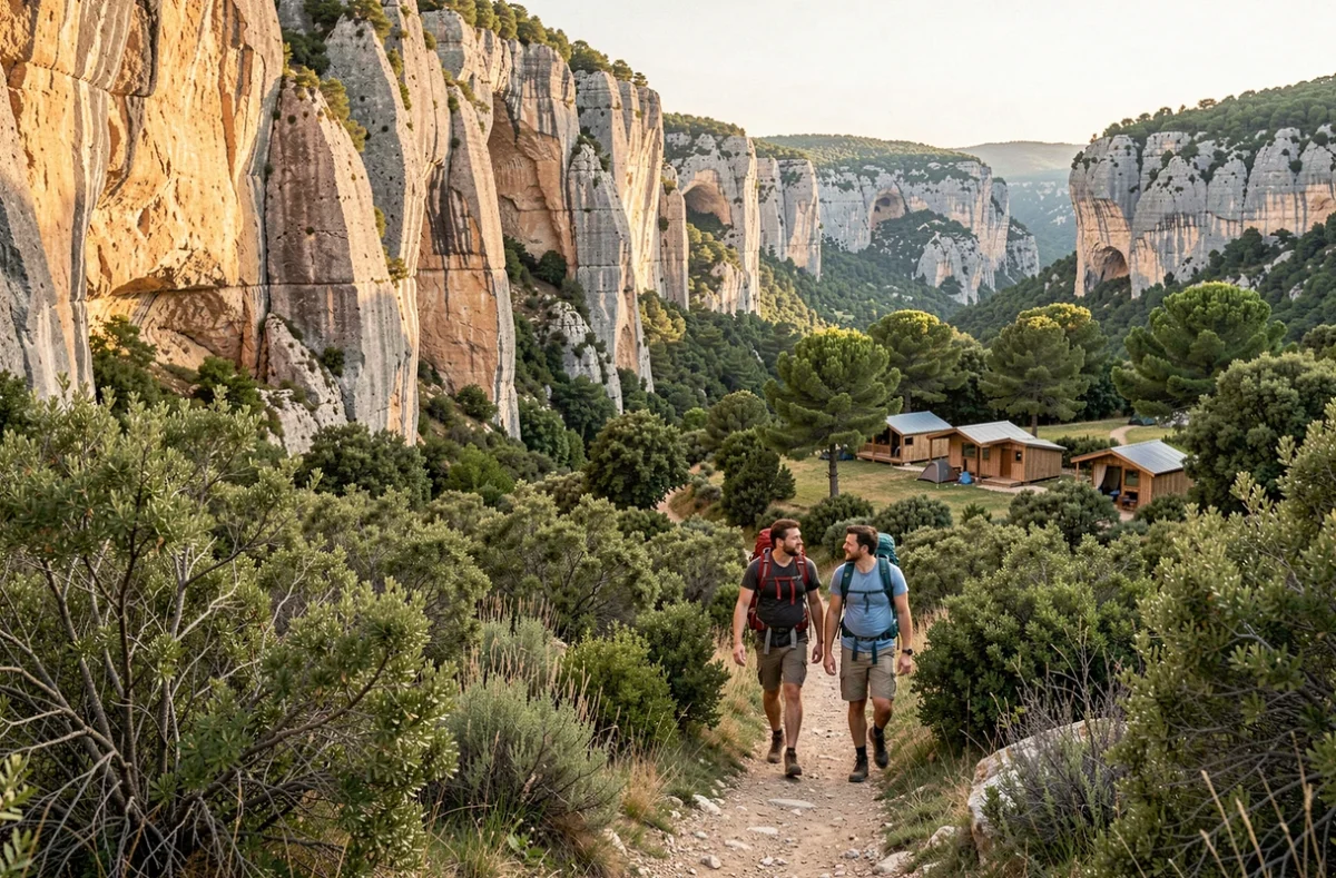 Nature Parc l'Ardéchois à Vallon-Pont-d'Arc avec couple en randonnée dans les gorges de l'Ardèche