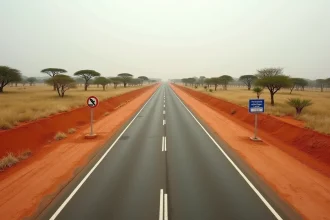 Nouvelle route goudronnée traversant la savane sénégalaise avec panneaux routiers et baobabs en arrière-plan