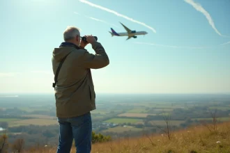 Homme observant un avion dans le ciel depuis une colline