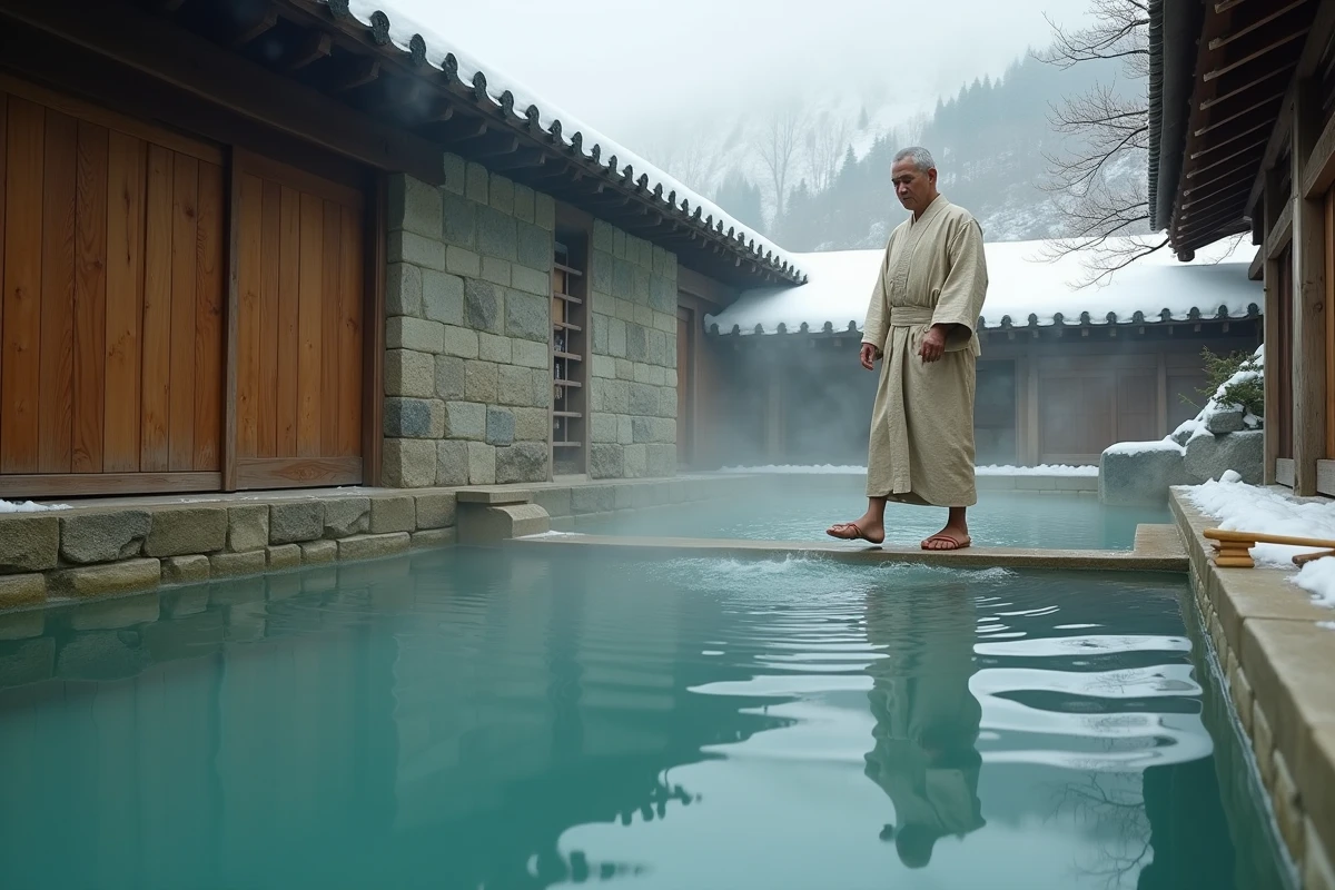 Homme japonais en yukata entrant dans un bain thermal onsen enneigé à Nozawa Onsen