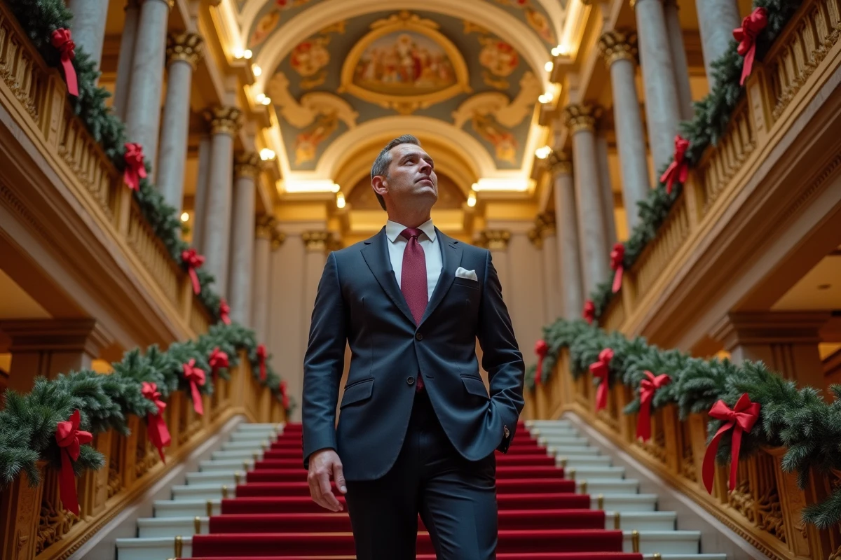 Homme élégant dans le grand foyer de l'Opéra de Vienne décoré pour les fêtes d'hiver avec ornements dorés et guirlandes de Noël