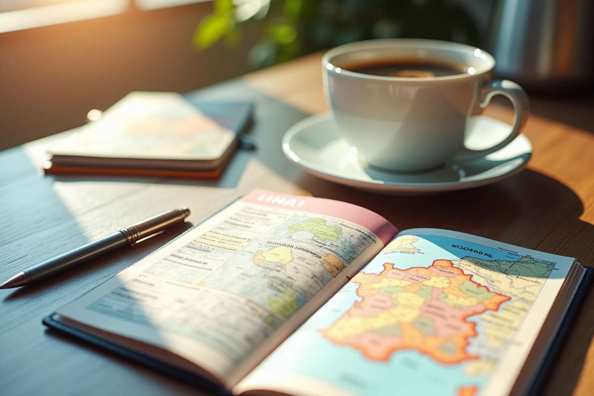 Page de visa français ouverte sur un bureau avec carte et café