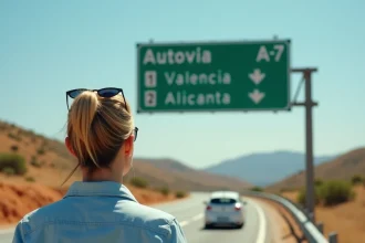 Femme consultant un panneau autoroutier espagnol gratuit sur l'autovia A-7 en Espagne