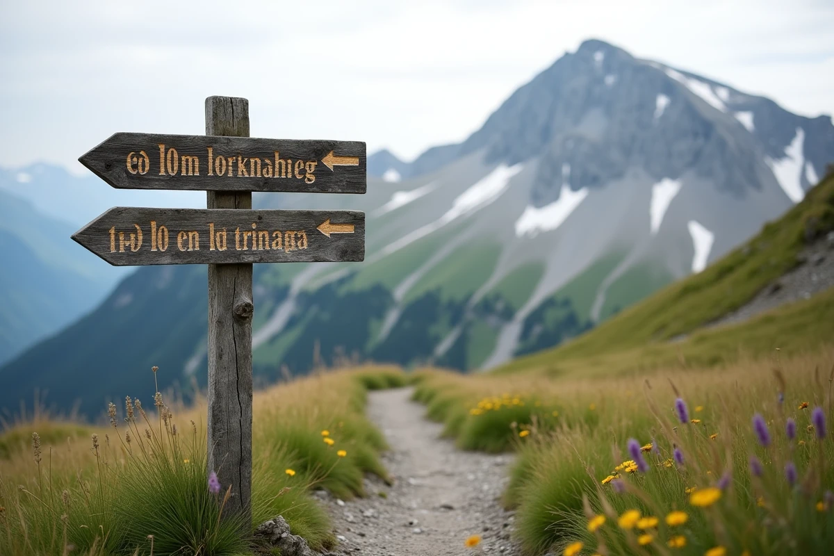 Panneau indicateur de randonnée en bois dans un pré alpin suisse avec vue sur les sommets enneigés