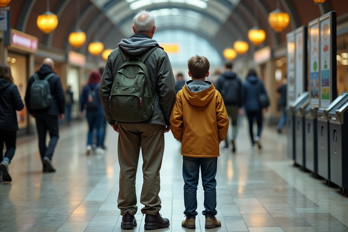 Père et fils regardent un panneau sur la faune dans une gare