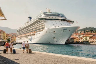 Paquebot de croisière MSC amarré dans un port méditerranéen avec des voyageurs en premier plan