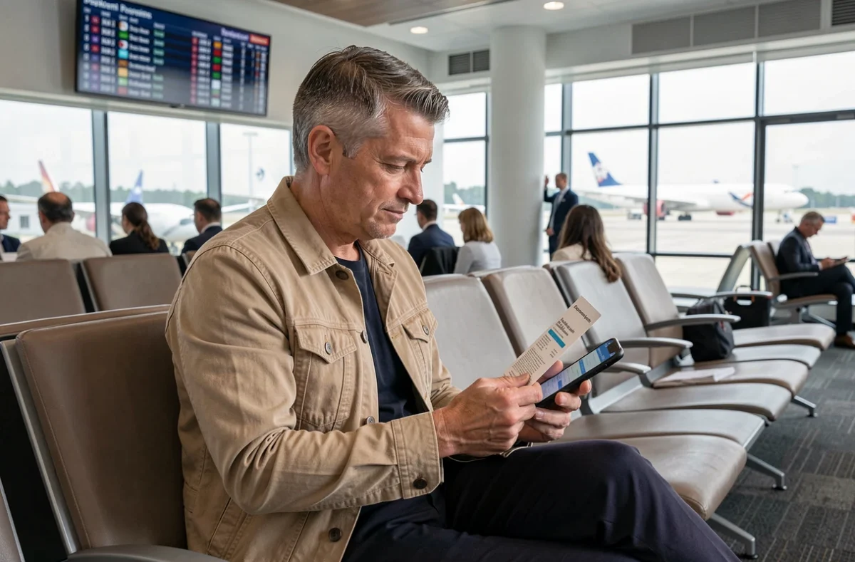 Passager en escale à Casablanca consultant son billet d'embarquement dans le salon de transit de l'aéroport CMN