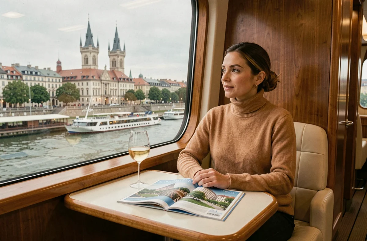 Passagère dans le salon panoramique d'un bateau de croisière fluviale à Lyon observant la Presqu'île par le hublot