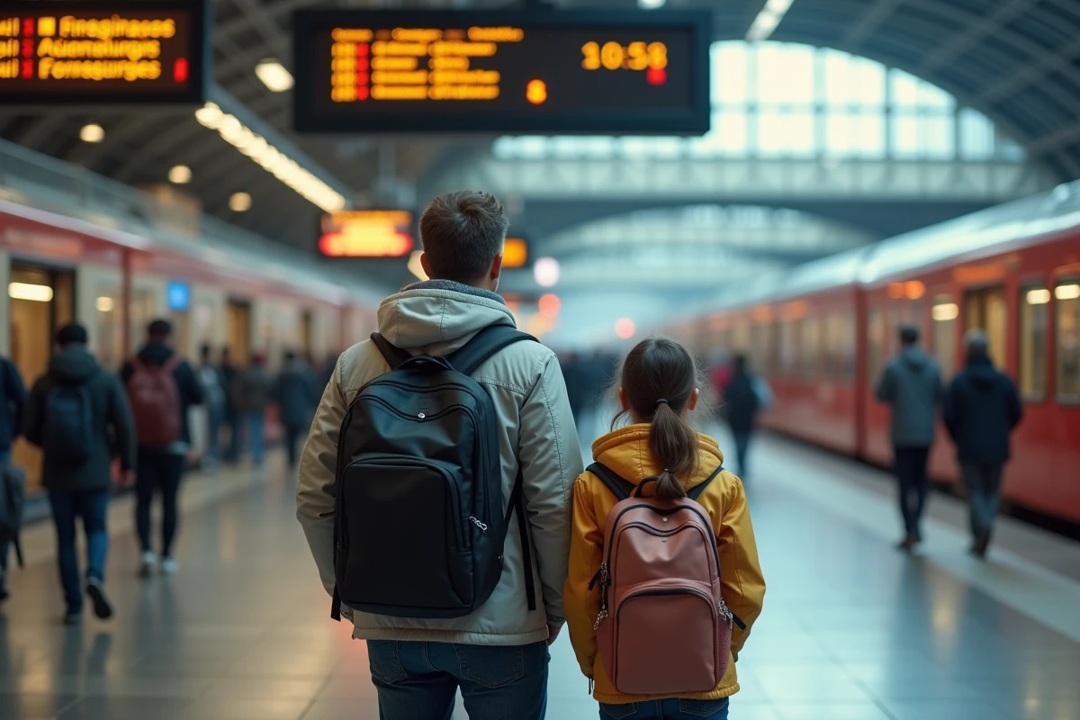 Parent et adolescente sur plateforme de train