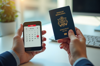 Main tenant un passeport biométrique et un smartphone avec calendrier