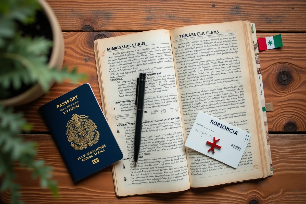 Vue en plongée d'un passeport enfant et documents administratifs pour préparer un voyage au Maroc