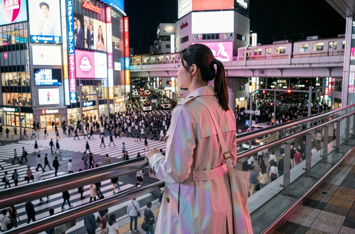 Jeune femme sur une passerelle observant le carrefour de Shibuya la nuit entourée de panneaux LED colorés