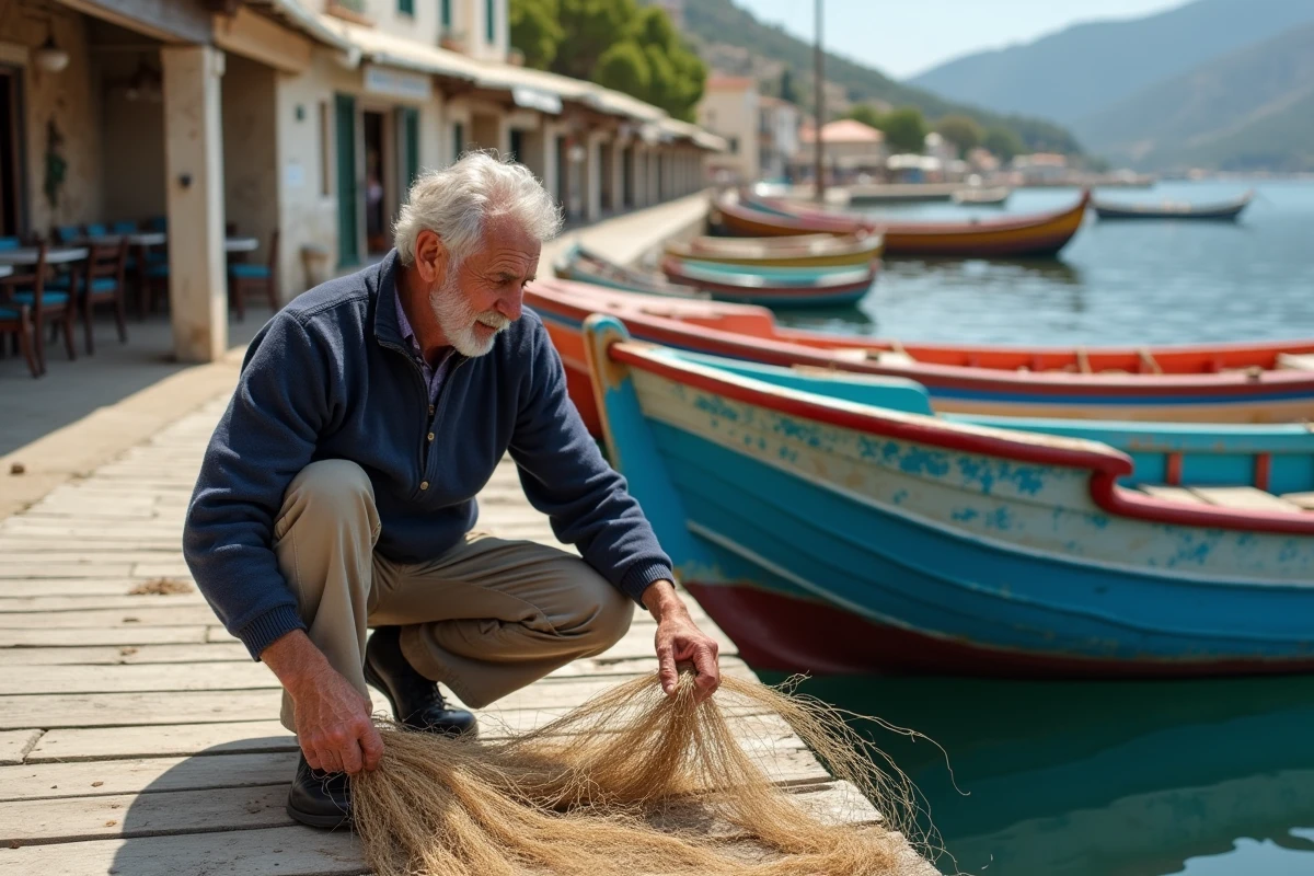 Pêcheur local réparant ses filets sur le port tranquille de Zakynthos en dehors de la saison touristique