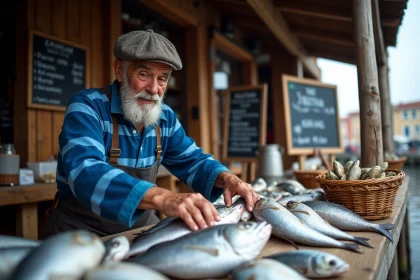 Pêcheur âgé triant des poissons frais au marché côtier
