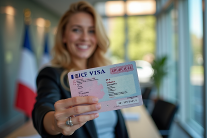 Personne souriante tenant un visa français dans un consulat moderne