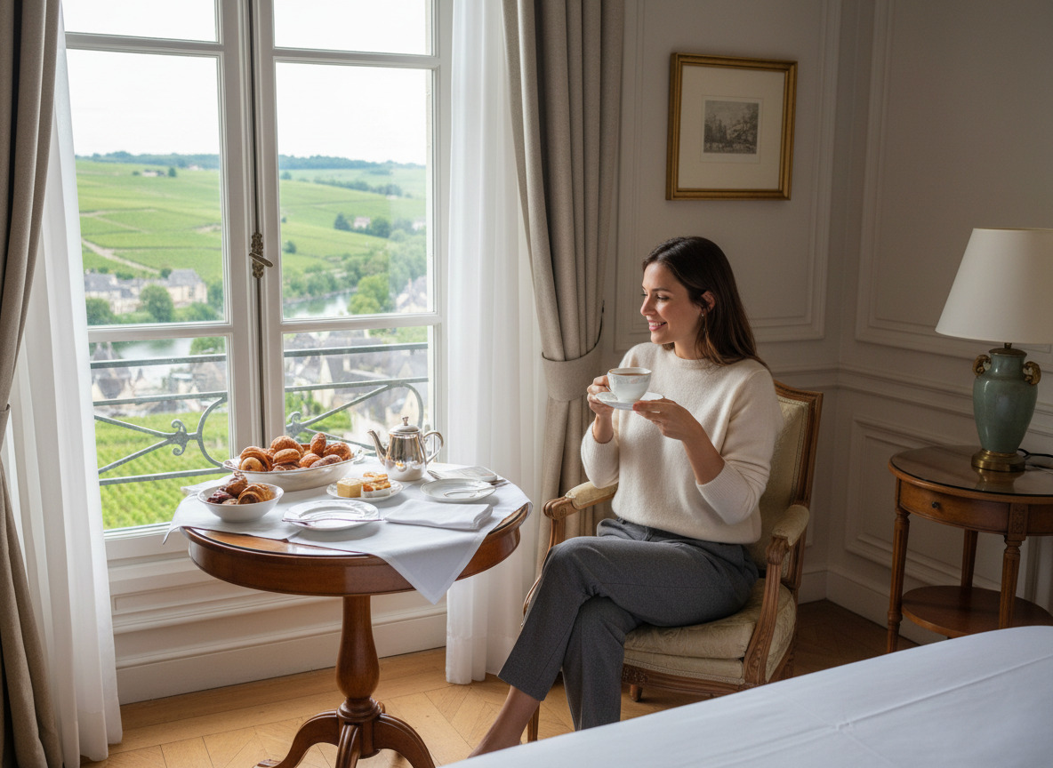 Femme dégustant petit déjeuner dans chambre d