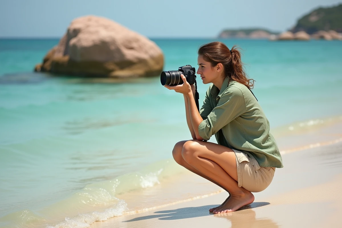 Photographe femme en train de shooter à la plage de Palombaggia, Corse, avec rocher de granite en arrière-plan