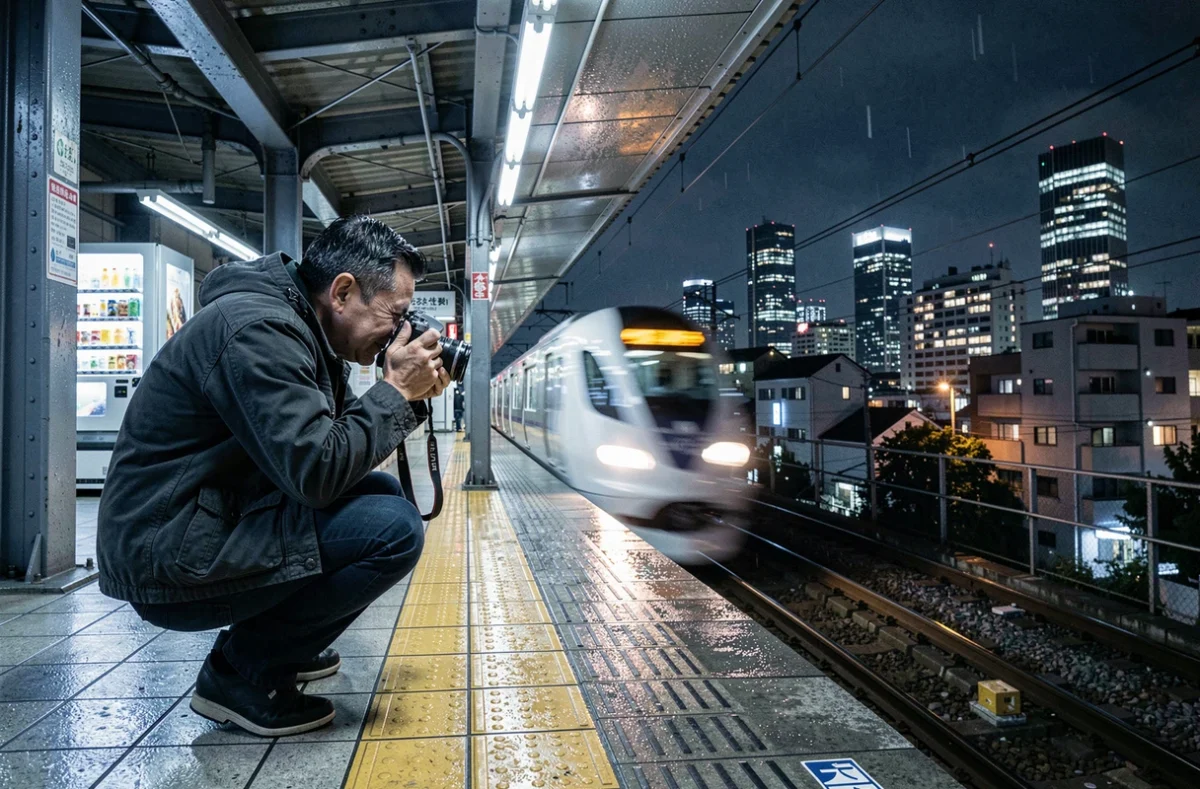 Photographe de rue accroupi sur un quai de métro aérien à Tokyo capturant un train en mouvement avec la skyline nocturne en arrière-plan