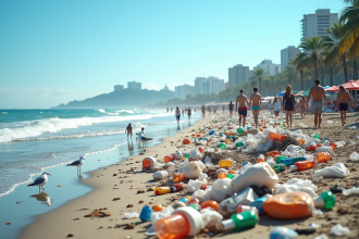 Plage bondée avec déchets plastiques et touristes déçus