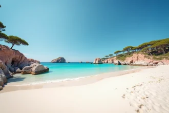 Vue panoramique de la plage de Palombaggia en Corse avec rochers de granite rose, eau turquoise et pins parasols