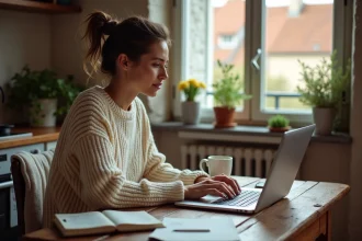 Femme planifiant un voyage dernière minute sur son ordinateur portable avec des brochures de voyage Leclerc étalées sur une table en bois