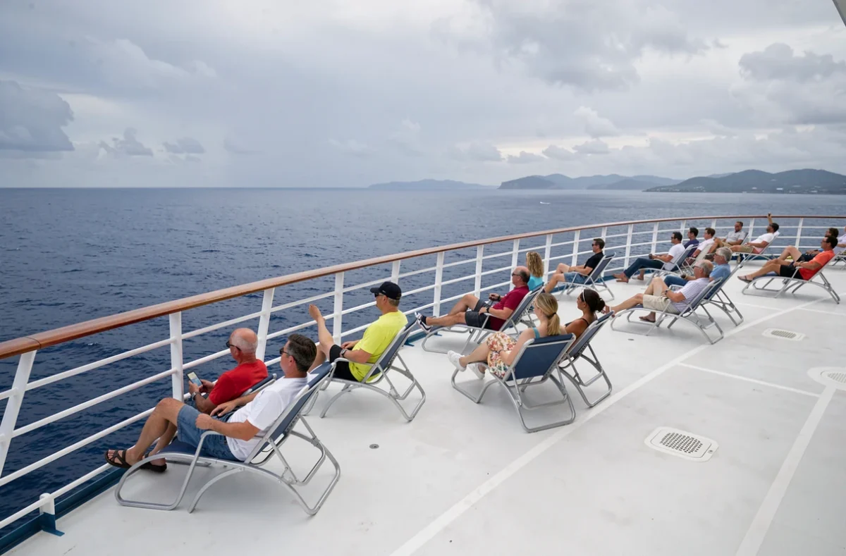 Vue panoramique du pont supérieur d'un bateau de croisière MSC en mer avec passagers