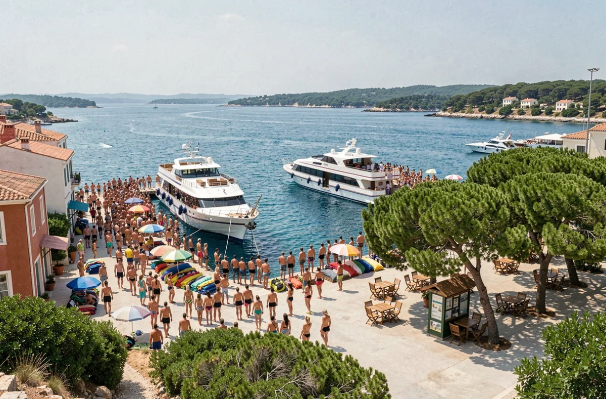 Vue aérienne du port de Porquerolles bondé de touristes en haute saison estivale