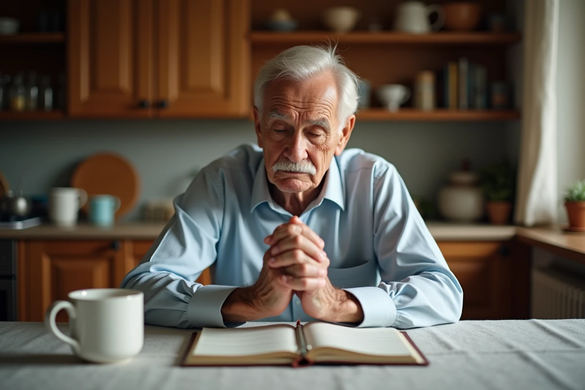 Homme âgé prie à la table de cuisine avec carnet de voyage