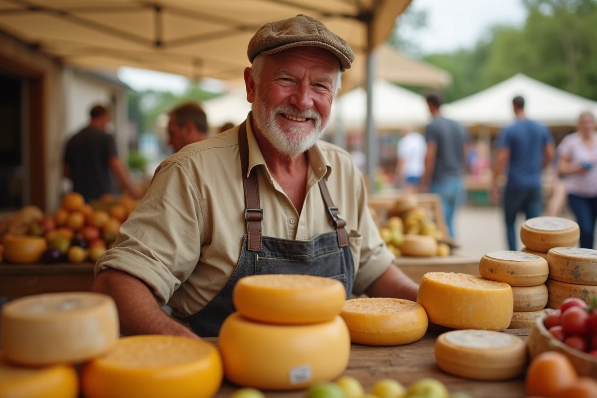 Portrait d'un producteur local souriant derrière son étal de fromages et de miel au marché de Fort Mahon