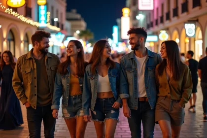 Jeunes adultes souriants dans la promenade de Paceville la nuit