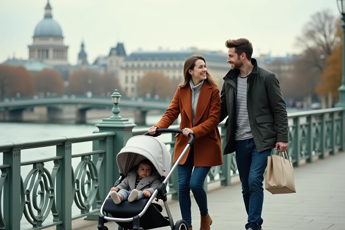 Couple avec poussette traversant le Pont des Arts à Paris avec la Seine et les toits en arrière-plan