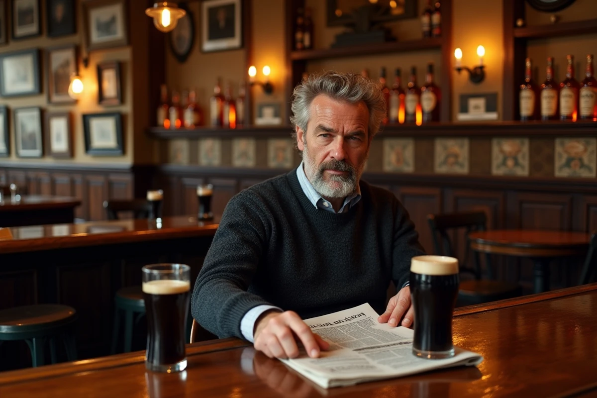 Intérieur cosy d'un pub irlandais traditionnel à Dublin avec un homme en pull Aran dégustant une Guinness
