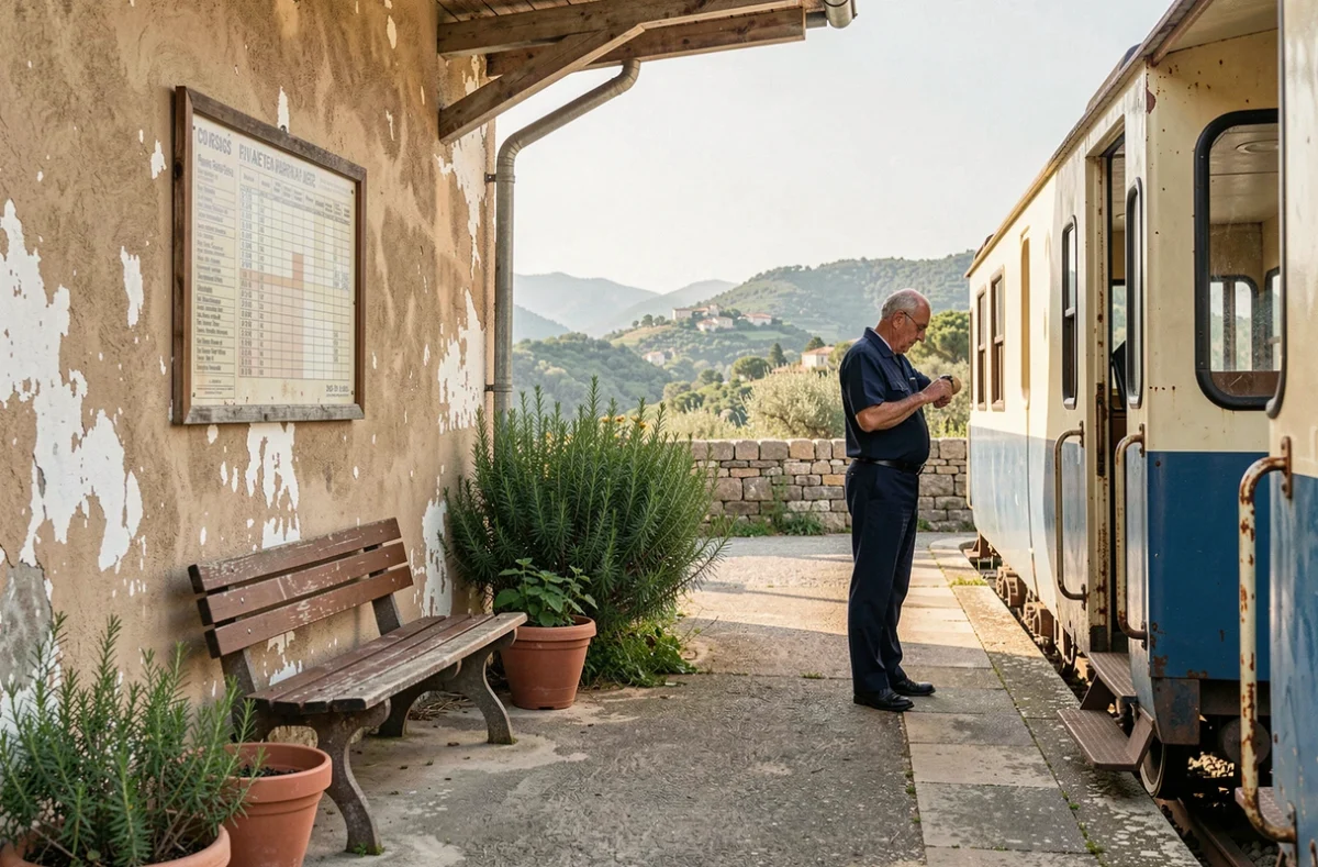 Contrôleur de train sur un quai rustique de gare corse avec tableau des horaires et railcar diesel