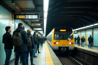 Quai de la U-Bahn de Berlin avec un train jaune arrivant en station, passagers attendant sur le quai