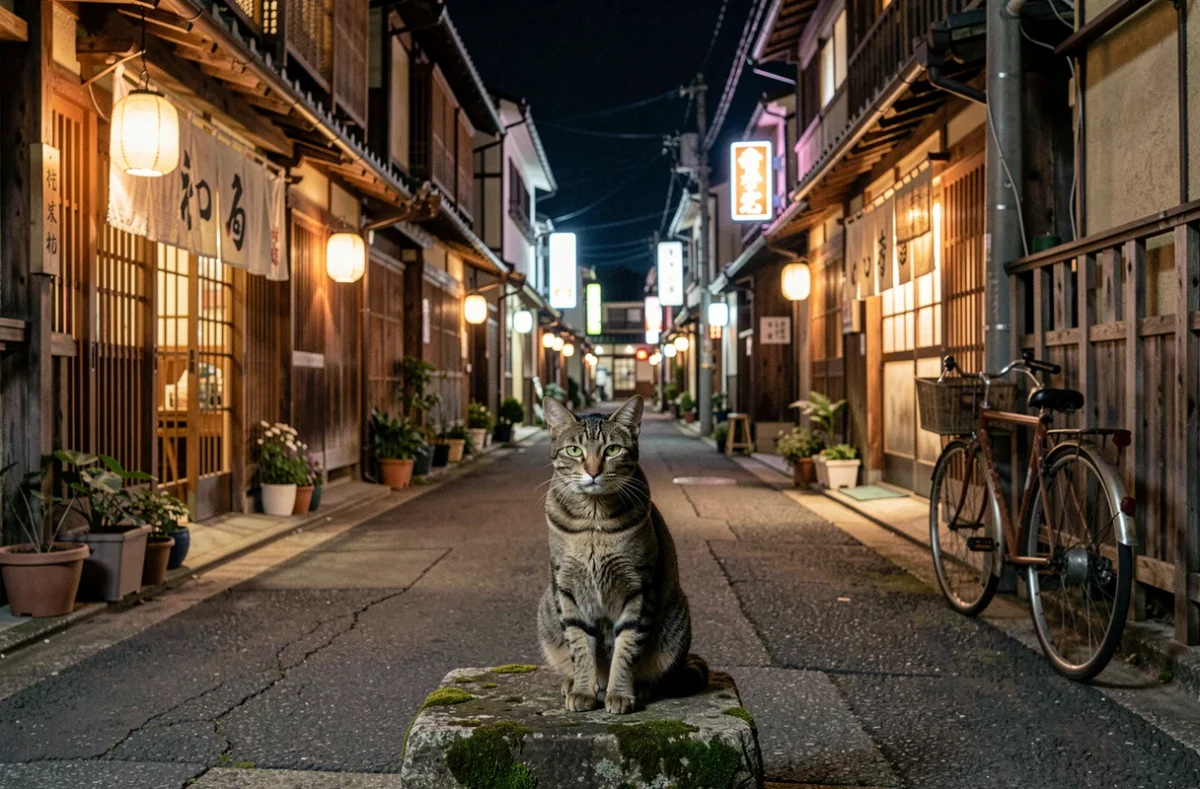 Chat roux assis devant des boutiques traditionnelles japonaises éclairées la nuit dans un quartier historique de Tokyo