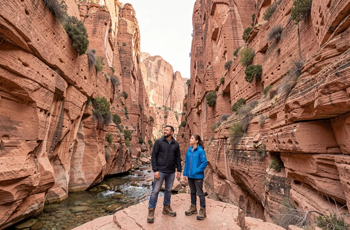 Père et fille en randonnée dans les gorges du Todgha au Maroc en février