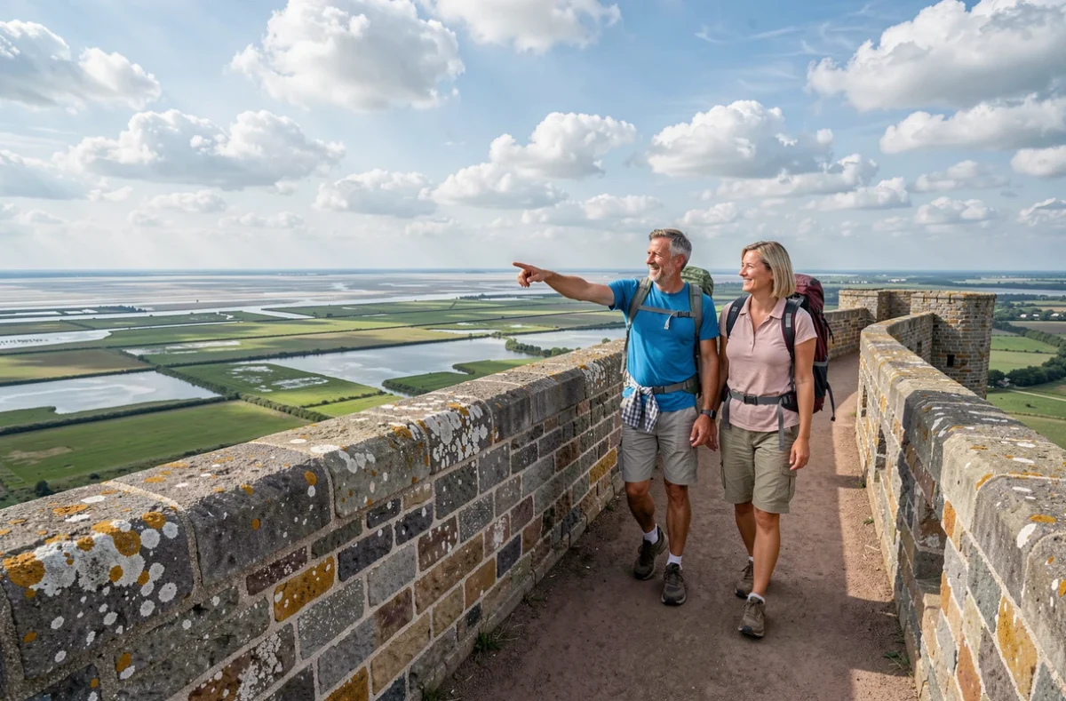 Couple en randonnée sur les remparts de Guérande avec vue panoramique sur les marais salants de Brière