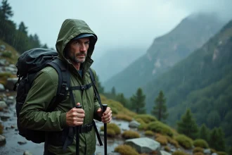 Randonneur sous la pluie sur le GR20 en Corse, ajustant son sac à dos sur un sentier rocheux et glissant dans la brume