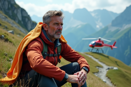 Hiker inquiet sur une montagne avec hélicoptère de secours