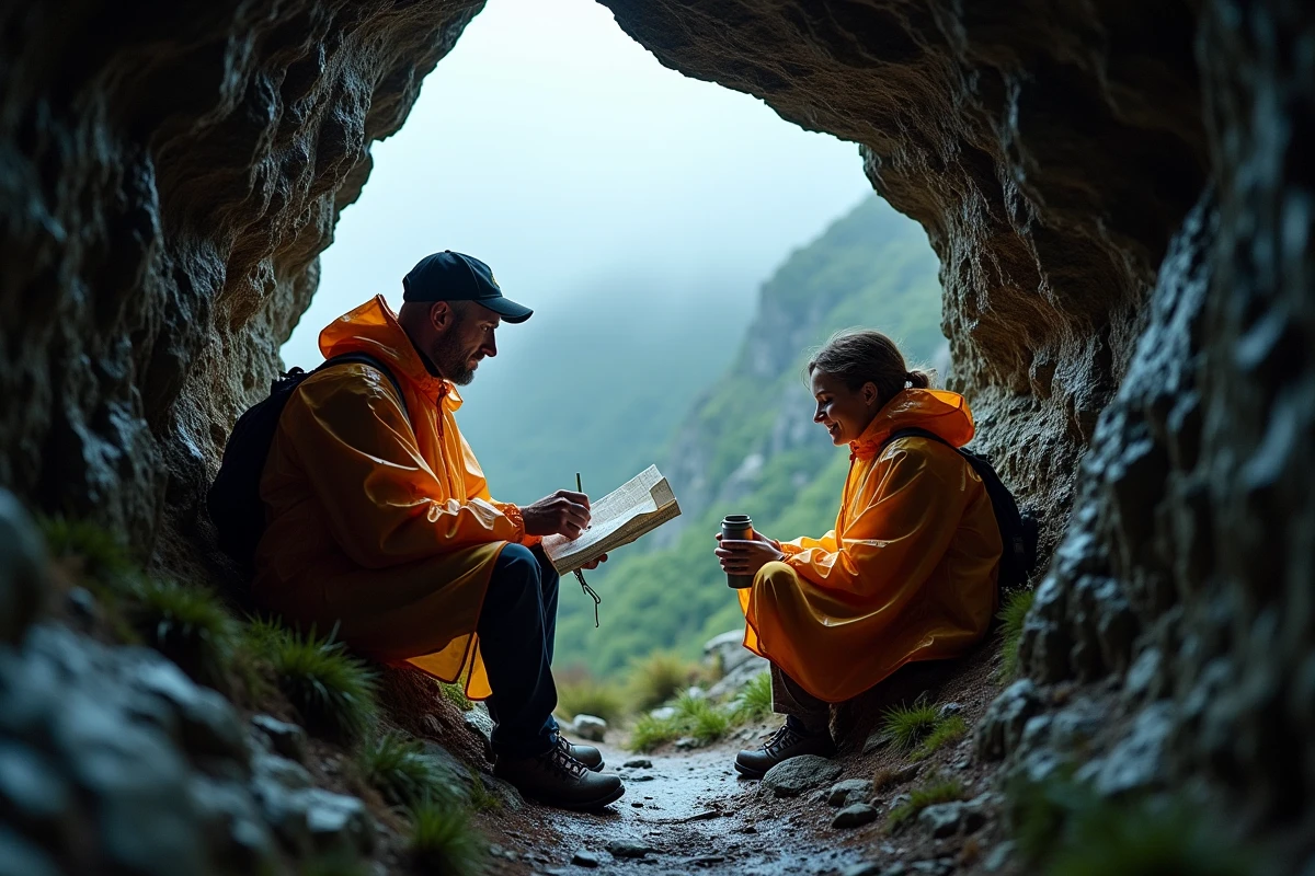 Deux randonneurs abrités sous un surplomb rocheux du GR20 consultent une carte sous la pluie battante en Corse