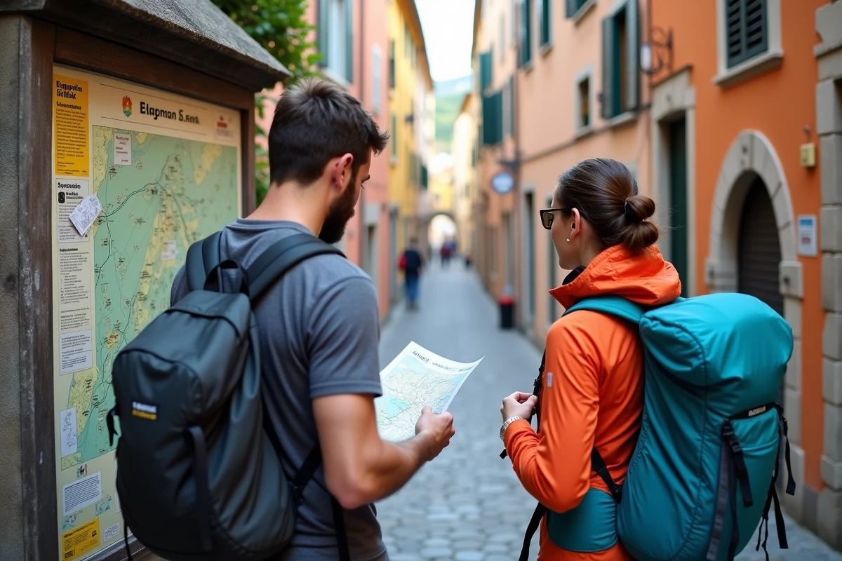Deux randonneurs consultant un panneau d'information sur les sentiers fermés aux Cinque Terre à Vernazza