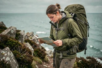 Randonneuse consultant une carte sur le sentier côtier menant à la Pointe du Raz en Bretagne