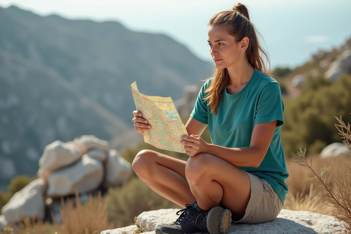 Randonneuse épuisée par la chaleur faisant une pause sur un rocher du GR20, avec carte et équipement de trail visible