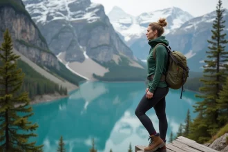 Randonneuse admirant le lac turquoise d'Oeschinensee depuis une plateforme en bois dans les Alpes suisses