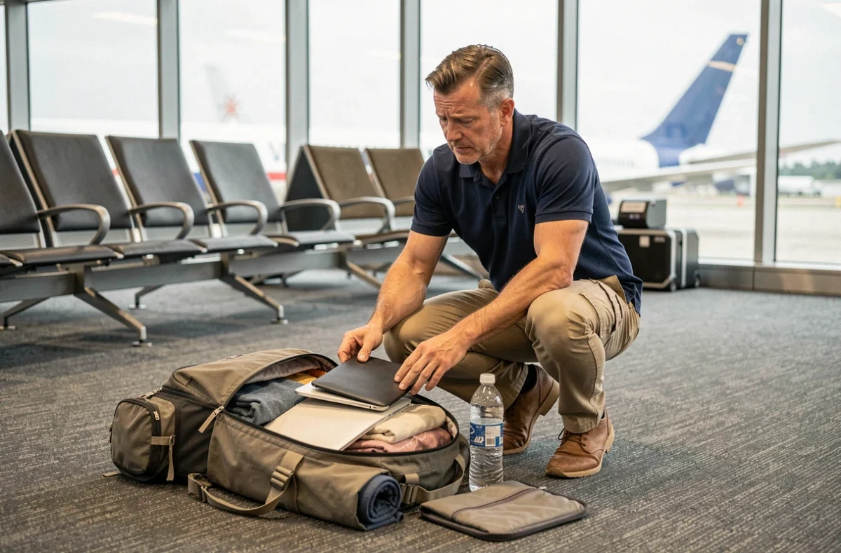 Homme reorganisant un sac à dos trop plein au sol d'un terminal d'aéroport avant l'embarquement