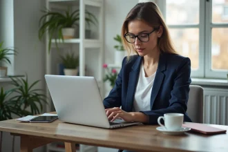 Femme consultant une interface de réservation de billet aller-retour French Ber sur un ordinateur portable