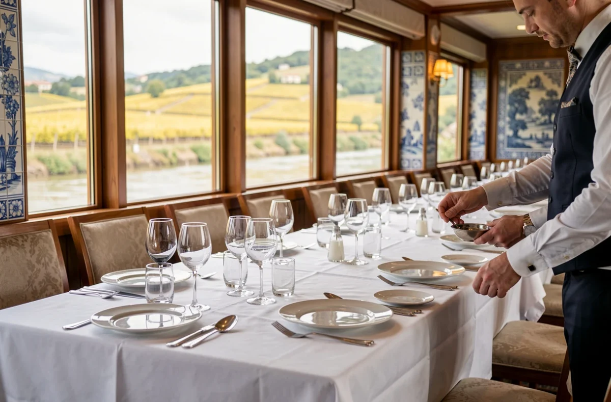 Salle à manger élégante d'un bateau de croisière sur le Douro avec vue sur les vignobles