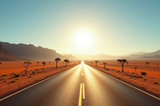 Route désertique en Namibie avec acacias et montagnes