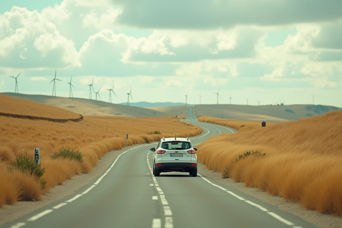 Route secondaire espagnole sinueuse traversant les plaines de Castille avec une voiture de location