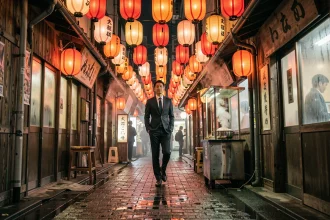 Ruelle illuminée par des lanternes rouges à Tokyo la nuit avec un salaryman japonais marchant sur les pavés mouillés